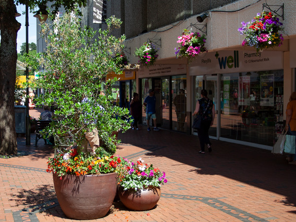 St Tydfil Shopping Centre in Merthyr Tydfil is full of pots, plants and hanging baskets from The Old School Nursery.